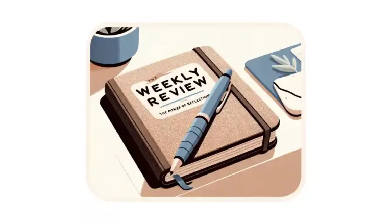 The Weekly Review: An illustration of a notebook and a pen. The cover of the notebook reads "weekly review: the power of reflection".